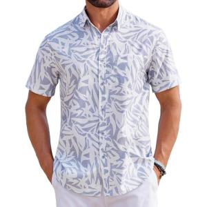 imageCOOFANDY Mens Hawaiian Shirts Short Sleeve Tropical Button Down Shirts Floral Summer Beach ShirtLight Blue  White Leaf