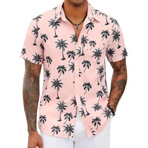 imageCOOFANDY Mens Hawaiian Shirts Short Sleeve Tropical Button Down Shirts Floral Summer Beach ShirtPink  Palm Tree