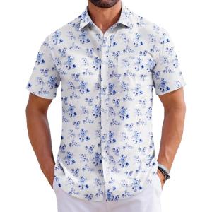 imageCOOFANDY Mens Hawaiian Shirts Short Sleeve Tropical Button Down Shirts Floral Summer Beach ShirtWhite  Blue Floral