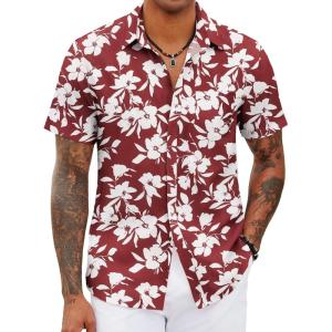 imageCOOFANDY Mens Hawaiian Shirts Short Sleeve Tropical Button Down Shirts Floral Summer Beach ShirtWine Red  White Floral