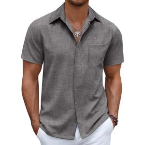 imageCOOFANDY Mens Linen Shirt Casual Short Sleeve Button Down Shirt Summer Beach Vacation Wedding WearAdark Grey