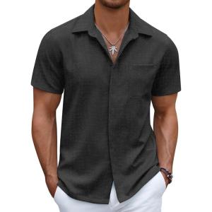 imageCOOFANDY Mens Linen Shirt Casual Short Sleeve Button Down Shirt Summer Beach Vacation Wedding WearBlack