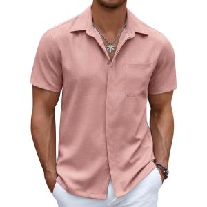 imageCOOFANDY Mens Linen Shirt Casual Short Sleeve Button Down Shirt Summer Beach Vacation Wedding WearDusty Rose