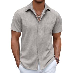 imageCOOFANDY Mens Linen Shirt Casual Short Sleeve Button Down Shirt Summer Beach Vacation Wedding WearLight Grey