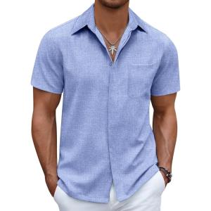 imageCOOFANDY Mens Linen Shirt Casual Short Sleeve Button Down Shirt Summer Beach Vacation Wedding WearOcean Blue