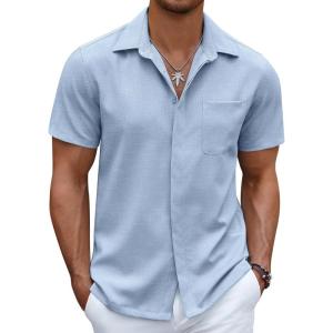 imageCOOFANDY Mens Linen Shirt Casual Short Sleeve Button Down Shirt Summer Beach Vacation Wedding WearSky Blue