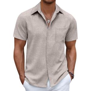 imageCOOFANDY Mens Linen Shirt Casual Short Sleeve Button Down Shirt Summer Beach Vacation Wedding WearStone