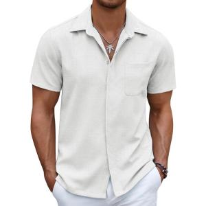 imageCOOFANDY Mens Linen Shirt Casual Short Sleeve Button Down Shirt Summer Beach Vacation Wedding WearWhite