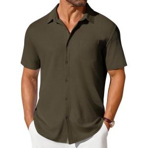 imageCOOFANDY Mens Short Sleeve Button Down Shirt Casual Summer Beach Shirts Waffle Knit Shirt Wrinkle Free Untucked ShirtArmy Green