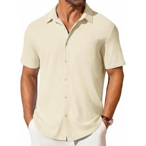 imageCOOFANDY Mens Short Sleeve Button Down Shirt Casual Summer Beach Shirts Waffle Knit Shirt Wrinkle Free Untucked ShirtBeige