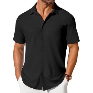 imageCOOFANDY Mens Short Sleeve Button Down Shirt Casual Summer Beach Shirts Waffle Knit Shirt Wrinkle Free Untucked ShirtBlack