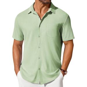 imageCOOFANDY Mens Short Sleeve Button Down Shirt Casual Summer Beach Shirts Waffle Knit Shirt Wrinkle Free Untucked ShirtLight Green