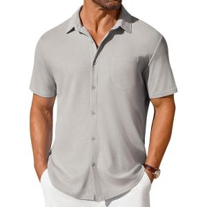imageCOOFANDY Mens Short Sleeve Button Down Shirt Casual Summer Beach Shirts Waffle Knit Shirt Wrinkle Free Untucked ShirtLight Grey