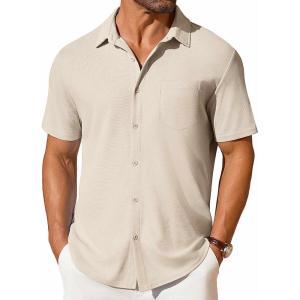 imageCOOFANDY Mens Short Sleeve Button Down Shirt Casual Summer Beach Shirts Waffle Knit Shirt Wrinkle Free Untucked ShirtLight Khaki