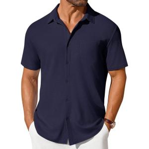 imageCOOFANDY Mens Short Sleeve Button Down Shirt Casual Summer Beach Shirts Waffle Knit Shirt Wrinkle Free Untucked ShirtNavy Blue