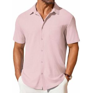imageCOOFANDY Mens Short Sleeve Button Down Shirt Casual Summer Beach Shirts Waffle Knit Shirt Wrinkle Free Untucked ShirtPink