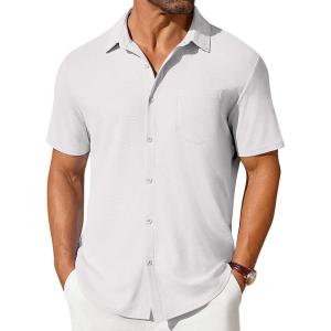 imageCOOFANDY Mens Short Sleeve Button Down Shirt Casual Summer Beach Shirts Waffle Knit Shirt Wrinkle Free Untucked ShirtWhite