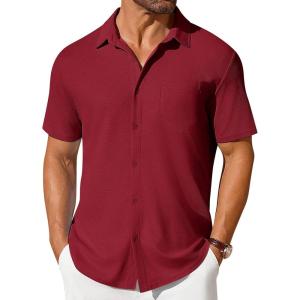 imageCOOFANDY Mens Short Sleeve Button Down Shirt Casual Summer Beach Shirts Waffle Knit Shirt Wrinkle Free Untucked ShirtWine Red