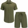 imageCOOFANDY Mens Beach Outfits 2 Piece Sets Casual Short Sleeve Button Down Summer Textured ShirtArmy Green