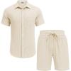 imageCOOFANDY Mens Beach Outfits 2 Piece Sets Casual Short Sleeve Button Down Summer Textured ShirtBeige