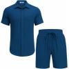 imageCOOFANDY Mens Beach Outfits 2 Piece Sets Casual Short Sleeve Button Down Summer Textured ShirtDeep Blue