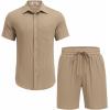 imageCOOFANDY Mens Beach Outfits 2 Piece Sets Casual Short Sleeve Button Down Summer Textured ShirtKhaki