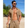 imageCOOFANDY Mens Beach Outfits 2 Piece Sets Casual Short Sleeve Button Down Summer Textured ShirtKhaki