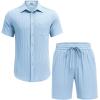 imageCOOFANDY Mens Beach Outfits 2 Piece Sets Casual Short Sleeve Button Down Summer Textured ShirtLight Blue