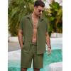 imageCOOFANDY Mens Summer Beach 2 Piece Outfits Casual Vacation Cotton Linen Yoga Matching Set Short Sleeve Shirt and ShortsChive