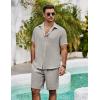 imageCOOFANDY Mens Summer Beach 2 Piece Outfits Casual Vacation Cotton Linen Yoga Matching Set Short Sleeve Shirt and ShortsQuiet Gray