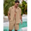 imageCOOFANDY Mens Summer Beach 2 Piece Outfits Casual Vacation Cotton Linen Yoga Matching Set Short Sleeve Shirt and ShortsSesame
