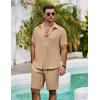 imageCOOFANDY Mens Summer Beach 2 Piece Outfits Casual Vacation Cotton Linen Yoga Matching Set Short Sleeve Shirt and ShortsSesame
