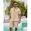 imageCOOFANDY Mens Summer Beach 2 Piece Outfits Casual Vacation Cotton Linen Yoga Matching Set Short Sleeve Shirt and ShortsWood Ash