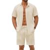 imageCOOFANDY Mens Beach Outfits 2 Piece Sets Casual Short Sleeve Button Down Summer Textured ShirtBeige