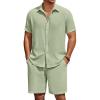 imageCOOFANDY Mens Summer Beach 2 Piece Outfits Casual Vacation Cotton Linen Yoga Matching Set Short Sleeve Shirt and ShortsSea Foam