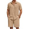 imageCOOFANDY Mens Summer Beach 2 Piece Outfits Casual Vacation Cotton Linen Yoga Matching Set Short Sleeve Shirt and ShortsSesame