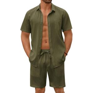 imageCOOFANDY Mens Beach Outfits 2 Piece Sets Casual Short Sleeve Button Down Summer Textured ShirtArmy Green