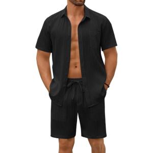 imageCOOFANDY Mens Beach Outfits 2 Piece Sets Casual Short Sleeve Button Down Summer Textured ShirtBlack