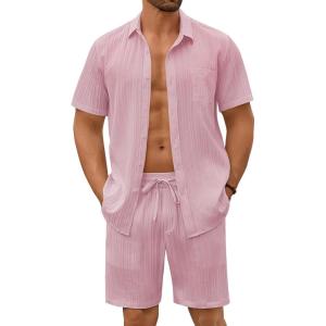 imageCOOFANDY Mens Beach Outfits 2 Piece Sets Casual Short Sleeve Button Down Summer Textured ShirtDark Pink