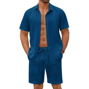 imageCOOFANDY Mens Beach Outfits 2 Piece Sets Casual Short Sleeve Button Down Summer Textured ShirtDeep Blue