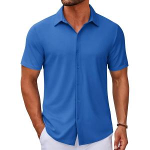 imageCOOFANDY Mens Casual Button Down Short Sleeve Shirts Untucked Wrinkle Free Shirt Stretch Dress ShirtsBlue