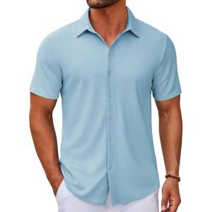 imageCOOFANDY Mens Casual Button Down Short Sleeve Shirts Untucked Wrinkle Free Shirt Stretch Dress ShirtsClear Blue
