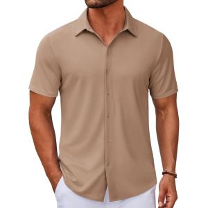 imageCOOFANDY Mens Casual Button Down Short Sleeve Shirts Untucked Wrinkle Free Shirt Stretch Dress ShirtsKhaki