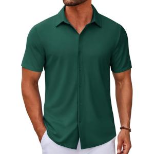 imageCOOFANDY Mens Casual Button Down Short Sleeve Shirts Untucked Wrinkle Free Shirt Stretch Dress ShirtsLake Green