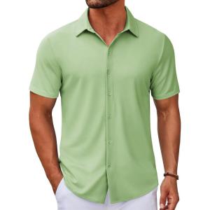 imageCOOFANDY Mens Casual Button Down Short Sleeve Shirts Untucked Wrinkle Free Shirt Stretch Dress ShirtsLight Green