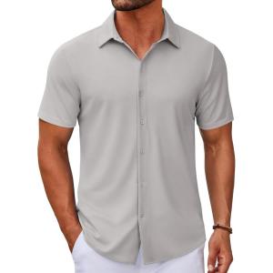 imageCOOFANDY Mens Casual Button Down Short Sleeve Shirts Untucked Wrinkle Free Shirt Stretch Dress ShirtsLight Grey