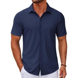 imageCOOFANDY Mens Casual Button Down Short Sleeve Shirts Untucked Wrinkle Free Shirt Stretch Dress ShirtsNavy Blue