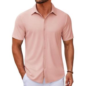 imageCOOFANDY Mens Casual Button Down Short Sleeve Shirts Untucked Wrinkle Free Shirt Stretch Dress ShirtsPink