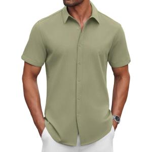 imageCOOFANDY Mens Casual Shirts Short Sleeve Button Down Shirt Wrinkle Free Summer ShirtArmy Green