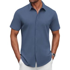imageCOOFANDY Mens Casual Shirts Short Sleeve Button Down Shirt Wrinkle Free Summer ShirtDark Blue